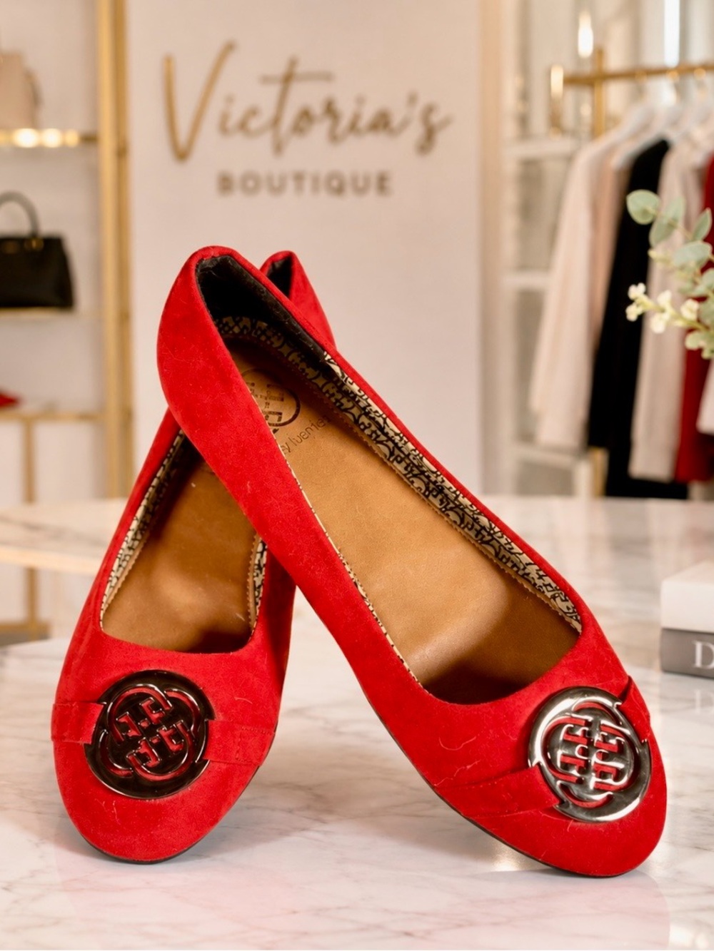 Daisy Fuentes Bright Red Suede Ballet Flats with Round Metal Emblem